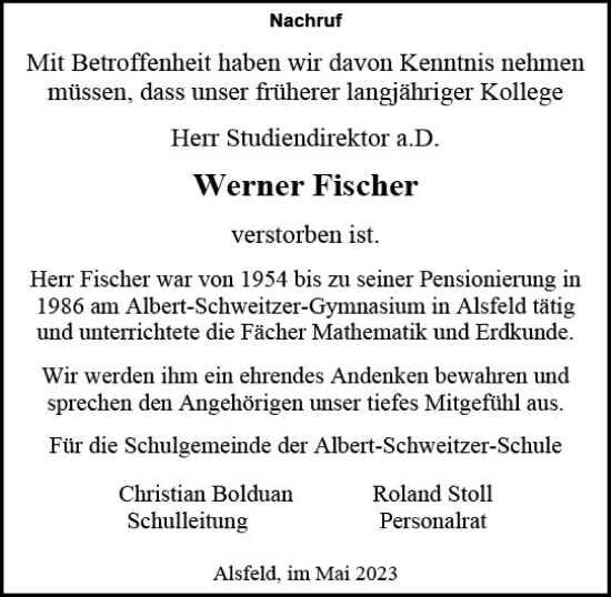 Traueranzeige von Werner Fischer von VRM Trauer