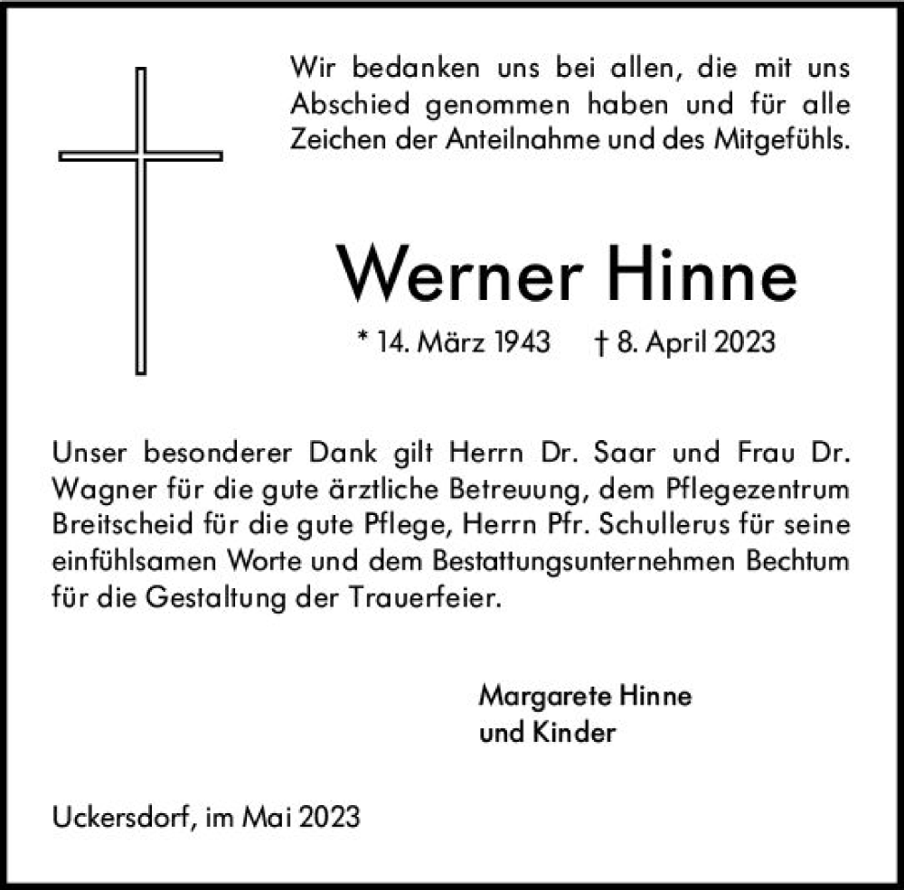  Traueranzeige für Werner Hinne vom 20.05.2023 aus Dill Block