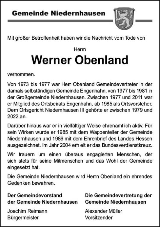 Traueranzeige von Werner Obenland von Idsteiner Land/Untertaunus