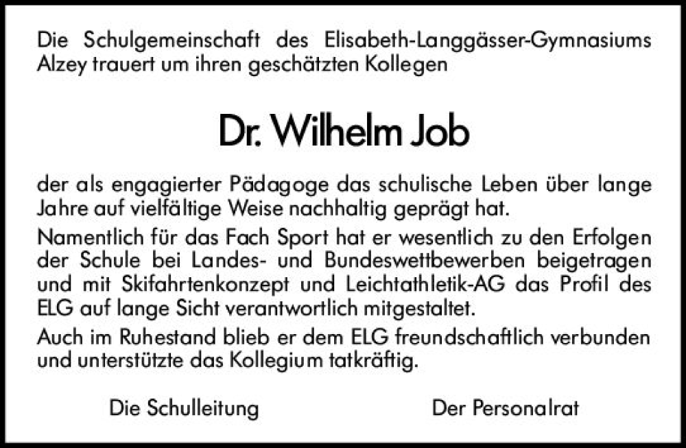  Traueranzeige für Wilhelm Job vom 27.05.2023 aus Allgemeine Zeitung Alzey