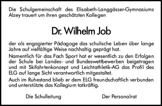 Traueranzeige von Wilhelm Job von Allgemeine Zeitung Alzey
