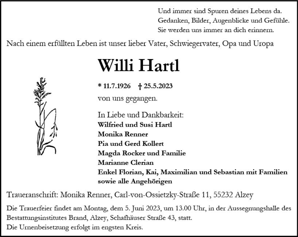  Traueranzeige für Willi Hartl vom 27.05.2023 aus Allgemeine Zeitung Alzey