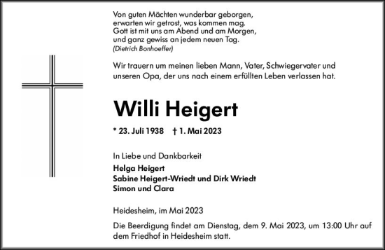 Traueranzeige von Willi Heigert von Allgemeine Zeitung Bingen/Ingelheim