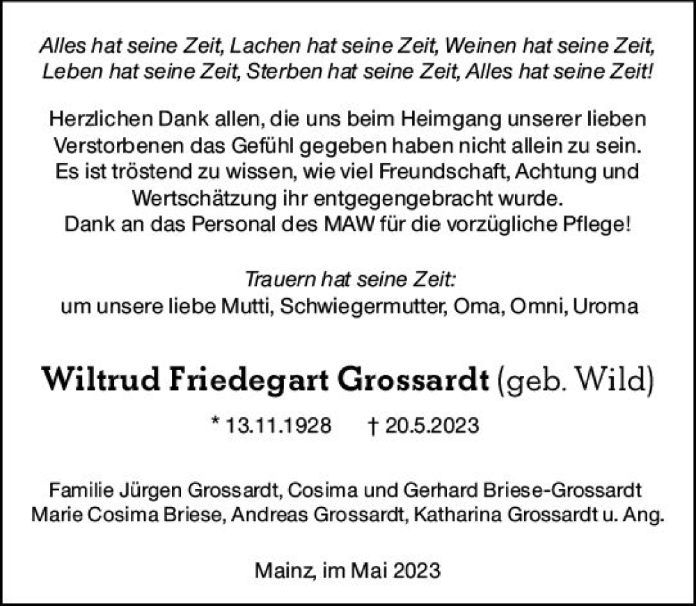  Traueranzeige für Wiltrud Friedegart Grossardt vom 31.05.2023 aus Allgemeine Zeitung Mainz