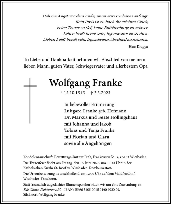 Traueranzeige von Wolfgang Franke von Wiesbadener Kurier