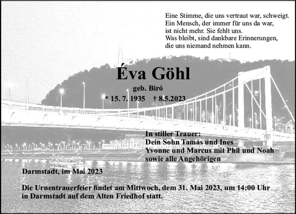  Traueranzeige für Èva Göhl vom 20.05.2023 aus Darmstädter Echo