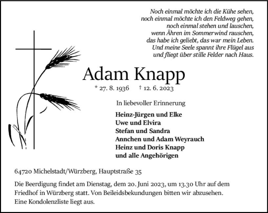 Traueranzeige von Adam Knapp von Odenwälder Echo