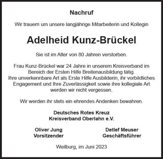 Traueranzeige von Adelheid Kunz-Brückel von Weilburger Tageblatt
