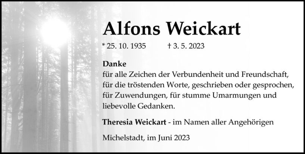  Traueranzeige für Alfons Weickart vom 10.06.2023 aus Odenwälder Echo