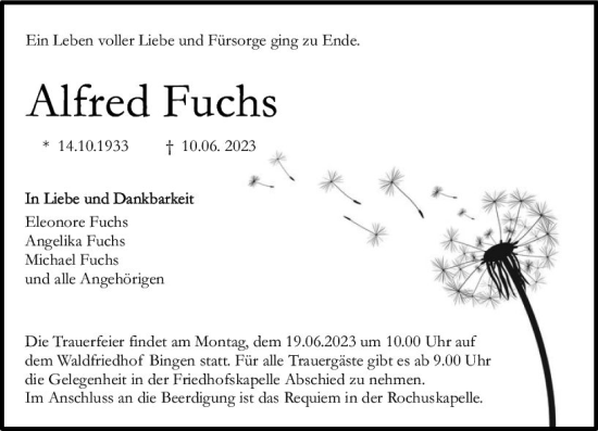 Traueranzeige von Alfred Fuchs von Allgemeine Zeitung Bingen/Ingelheim
