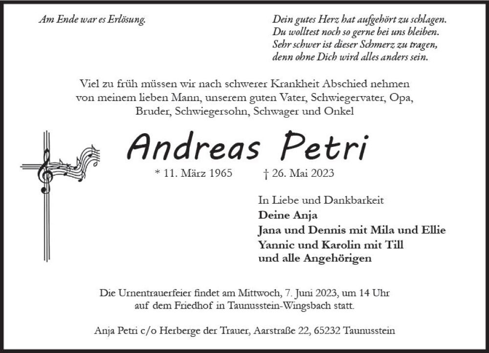  Traueranzeige für Andreas Petri vom 03.06.2023 aus Wiesbadener Kurier