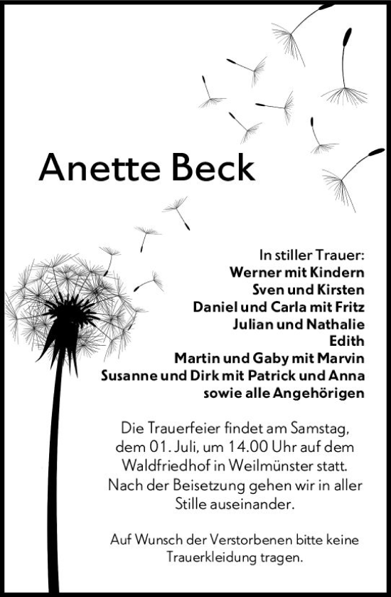 Traueranzeige von Anette Beck von Weilburger Tageblatt