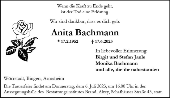 Traueranzeige von Anita Bachmann von Allgemeine Zeitung Alzey