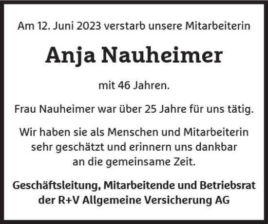Traueranzeige von Anja Nauheimer von Wiesbadener Kurier