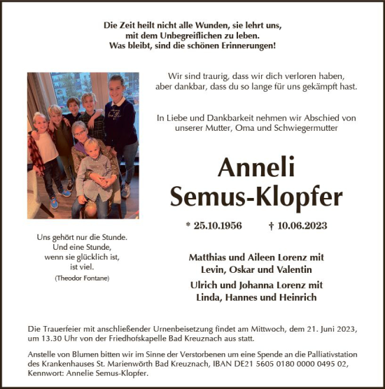 Traueranzeige von Anneli Semus-Klopfer von Allgemeine Zeitung Bad Kreuznach