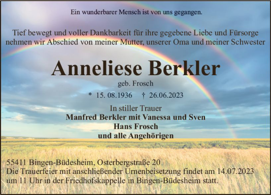 Traueranzeige von Anneliese Berkler von Allgemeine Zeitung Bingen/Ingelheim