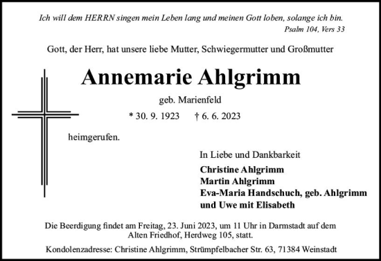 Traueranzeige von Annemarie Ahlgrinim von Darmstädter Echo