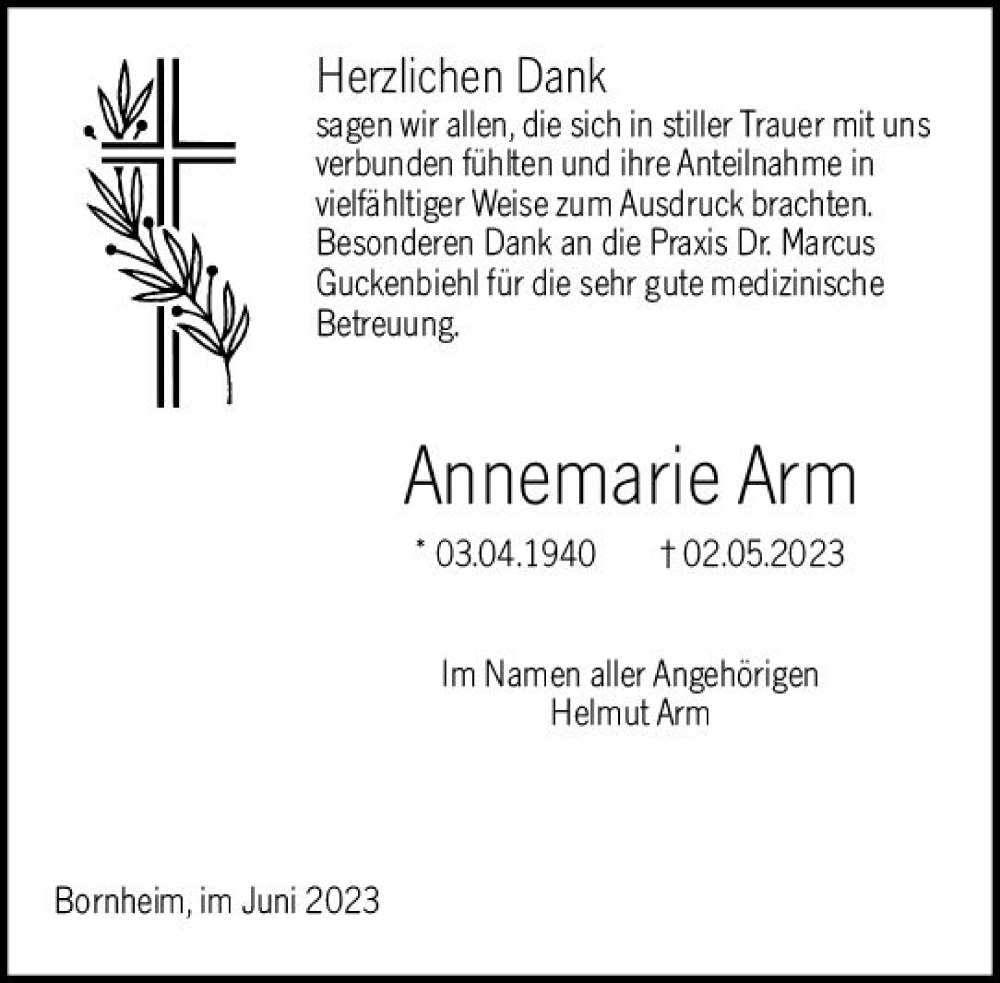  Traueranzeige für Annemarie Arm vom 03.06.2023 aus Allgemeine Zeitung Alzey