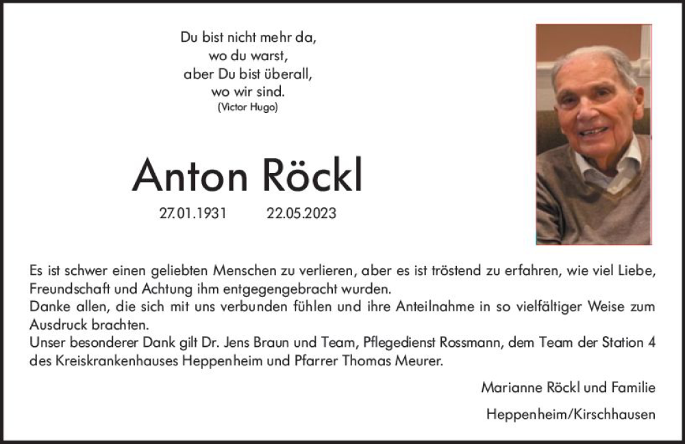  Traueranzeige für Anton Röckl vom 17.06.2023 aus Bergsträßer Anzeiger
