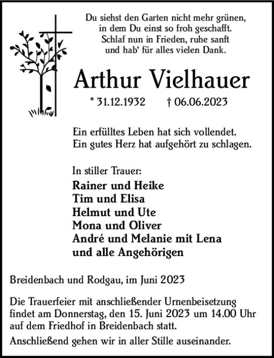 Traueranzeige von Arthur Vielhauer von Hinterländer Anzeiger