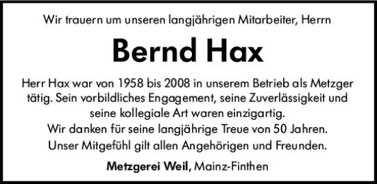 Traueranzeige von Bernd Hax von Allgemeine Zeitung Mainz