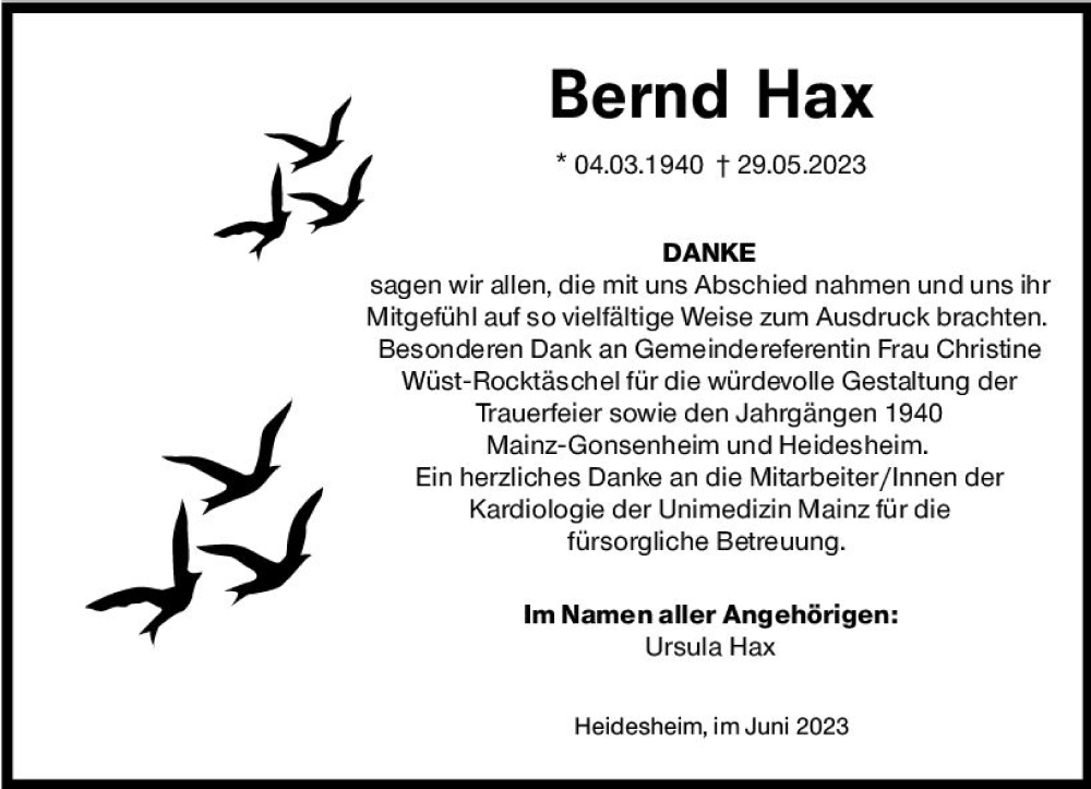  Traueranzeige für Bernd Hax vom 01.07.2023 aus Allgemeine Zeitung Mainz