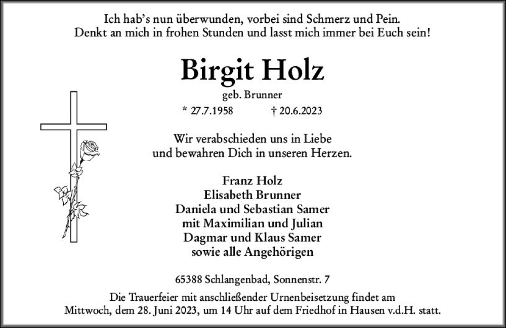  Traueranzeige für Birgit Holz vom 24.06.2023 aus Wiesbadener Kurier