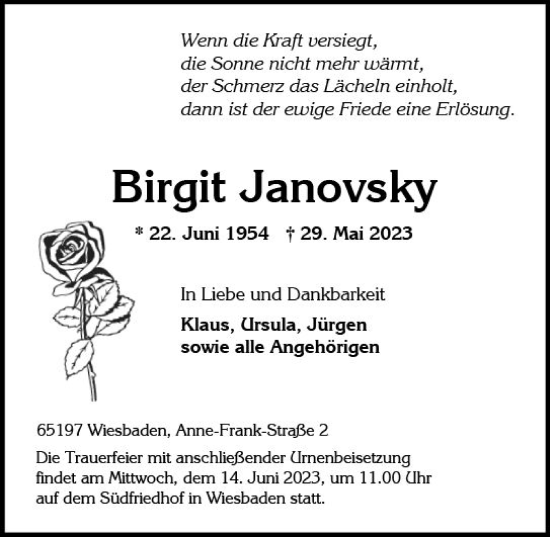 Traueranzeige von Birgit Janovsky von Wiesbadener Kurier