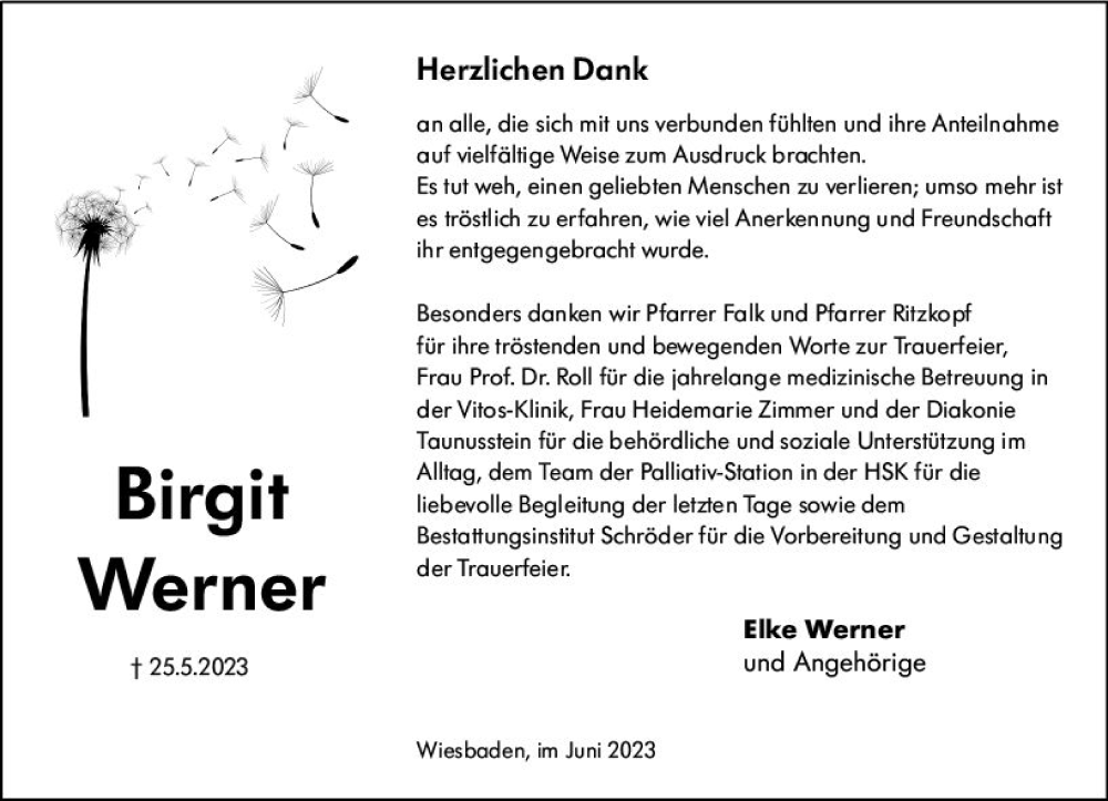  Traueranzeige für Birgit Werner vom 24.06.2023 aus Wiesbadener Kurier