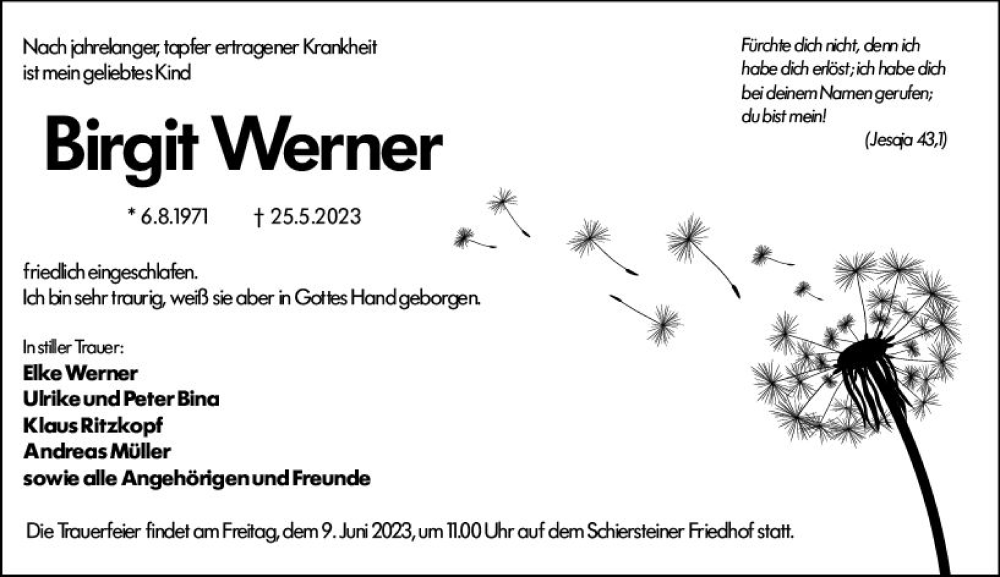  Traueranzeige für Birgit Werner vom 07.06.2023 aus Wiesbadener Kurier