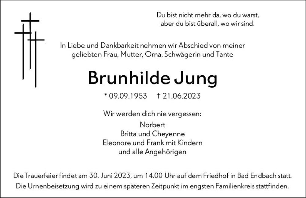  Traueranzeige für Brunhilde Jung vom 27.06.2023 aus Hinterländer Anzeiger