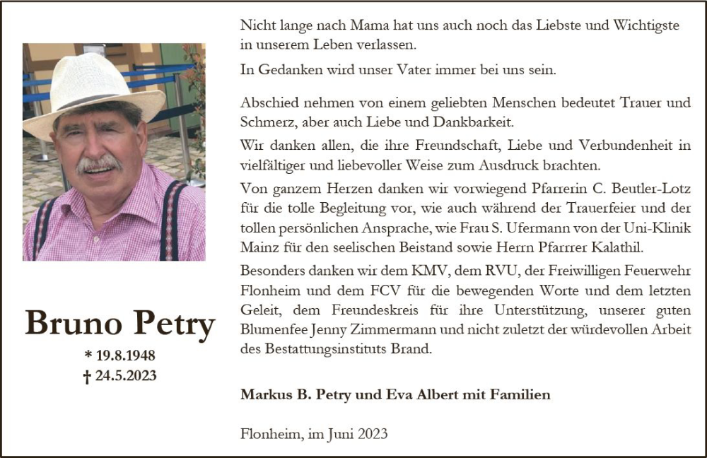  Traueranzeige für Bruno Petry vom 24.06.2023 aus Allgemeine Zeitung Alzey