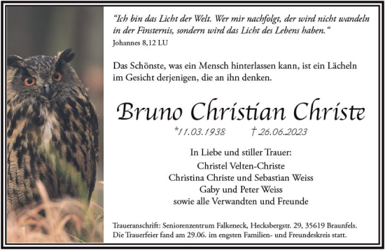 Traueranzeige von Bruno Christian Christe von Wetzlarer Neue Zeitung