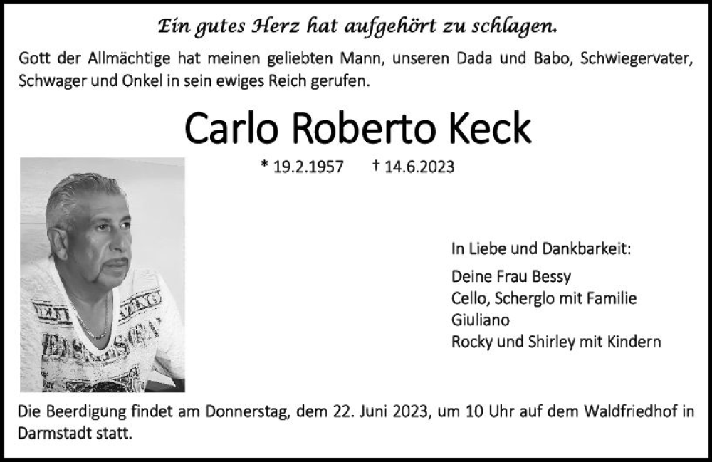 Traueranzeige für Carlo Roberto Keck vom 17.06.2023 aus Darmstädter Echo