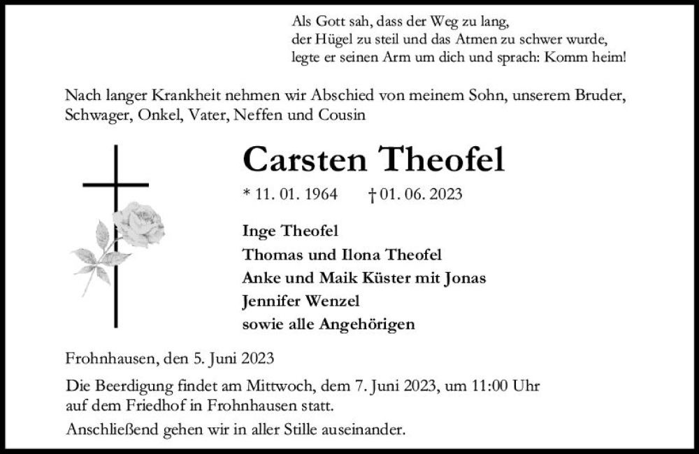  Traueranzeige für Carsten Theofel vom 05.06.2023 aus Dill Block