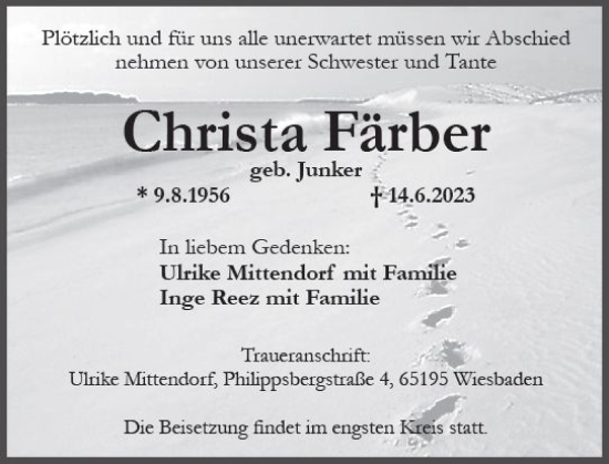 Traueranzeige von Christa Färber von Wiesbadener Kurier