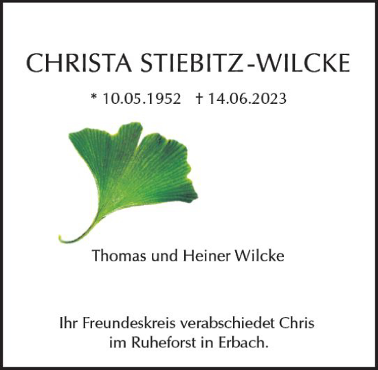 Traueranzeige von Christa Stiebitz-Wilcke von Odenwälder Echo