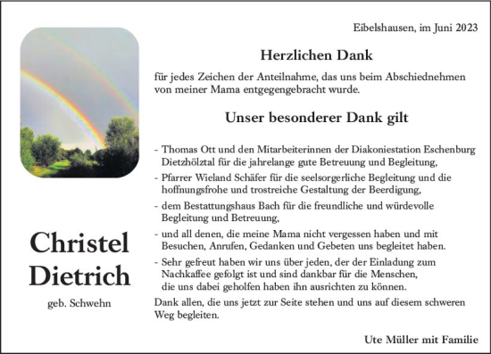 Traueranzeige von Christel Dietrich von Dill Block