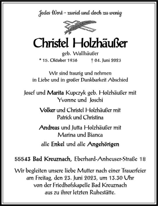 Traueranzeige von Christel Holzhäußer von Allgemeine Zeitung Bad Kreuznach