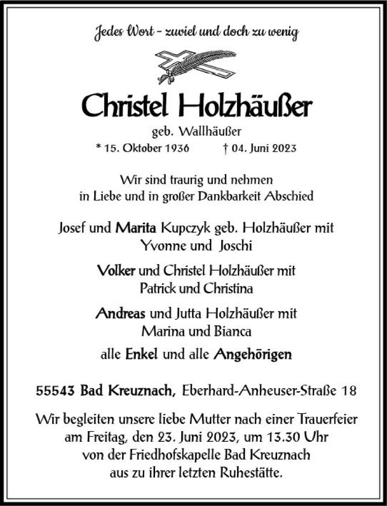  Traueranzeige für Christel Holzhäußer vom 17.06.2023 aus Allgemeine Zeitung Bad Kreuznach
