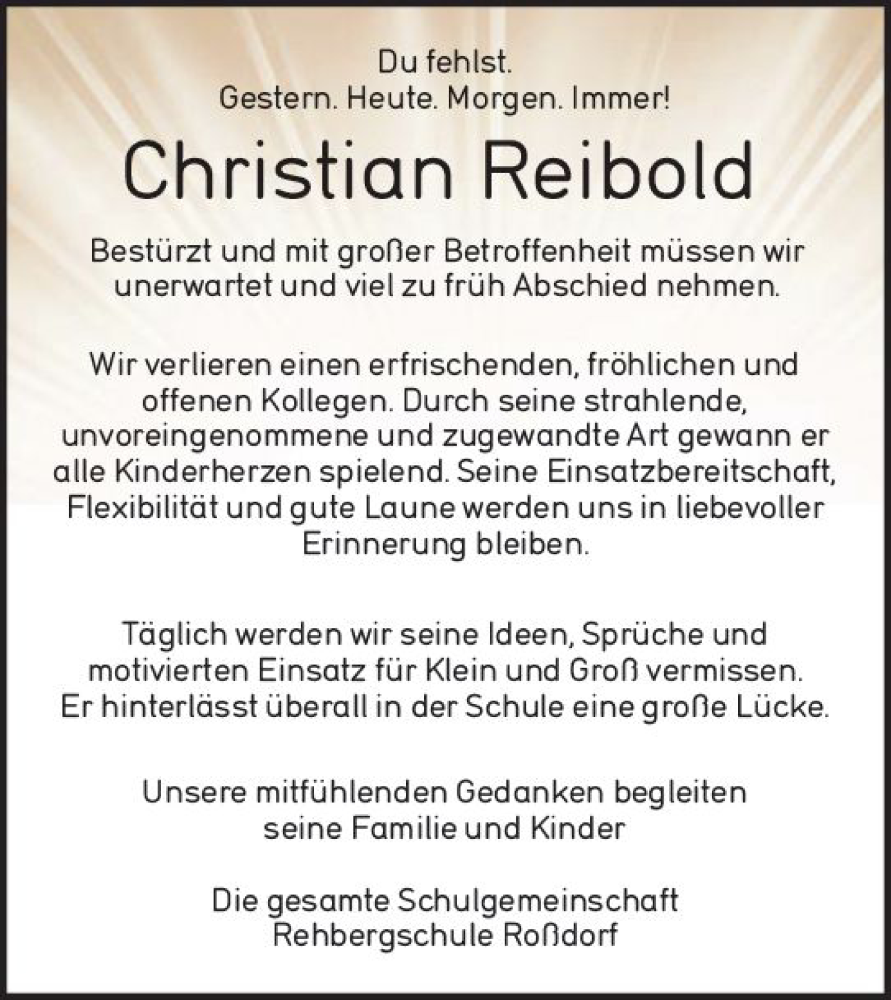 Traueranzeige für Christian Reibold vom 01.07.2023 aus Darmstädter Echo