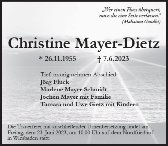 Traueranzeige von Christine Mayer-Dietz von Wiesbadener Kurier