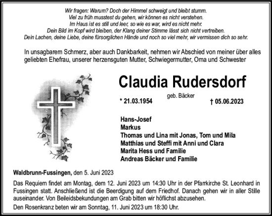 Traueranzeige von Claudia Rudersdorf von Nassauische Neue Presse