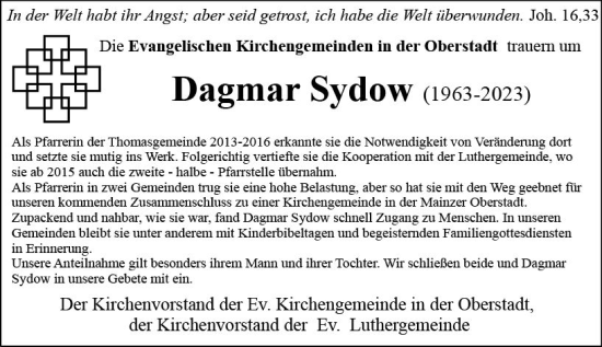 Traueranzeige von Dagmar Sydow von Allgemeine Zeitung Mainz