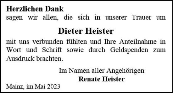 Traueranzeige von Dieter Heister von Allgemeine Zeitung Mainz
