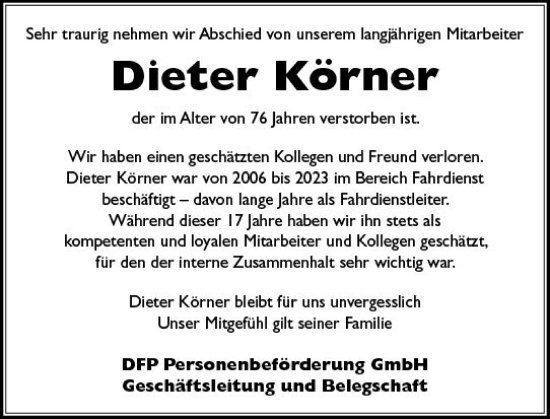 Traueranzeige von Dieter Körner von Groß-Gerauer Echo