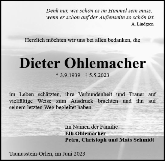 Traueranzeige von Dieter Ohlemacher von Idsteiner Land/Untertaunus