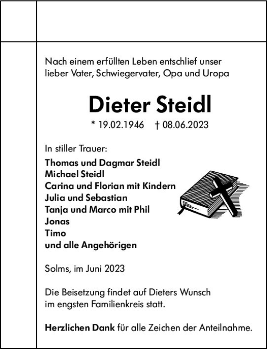Traueranzeige von Dieter Steidl von Wetzlarer Neue Zeitung