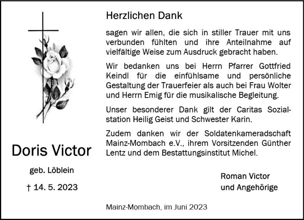  Traueranzeige für Doris Victor vom 24.06.2023 aus Allgemeine Zeitung Mainz