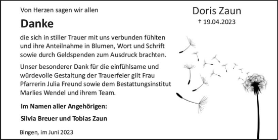 Traueranzeige von Doris Zaun von Bingen/Ingelheim WOBL inkl. Neue Binger Ztg.